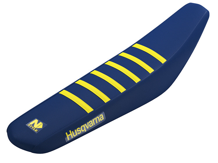 HUSQVARNA TEAM ISSUE GRIP SEAT HUSQ BLUE SIDES/ HUSQ BLUE TOP/ 6 YELLOW RIBS