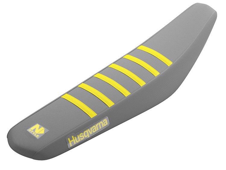 HUSQVARNA TEAM ISSUE GRIP SEAT GRAY SIDES/ GRAY TOP/ 6 YELLOW RIBS